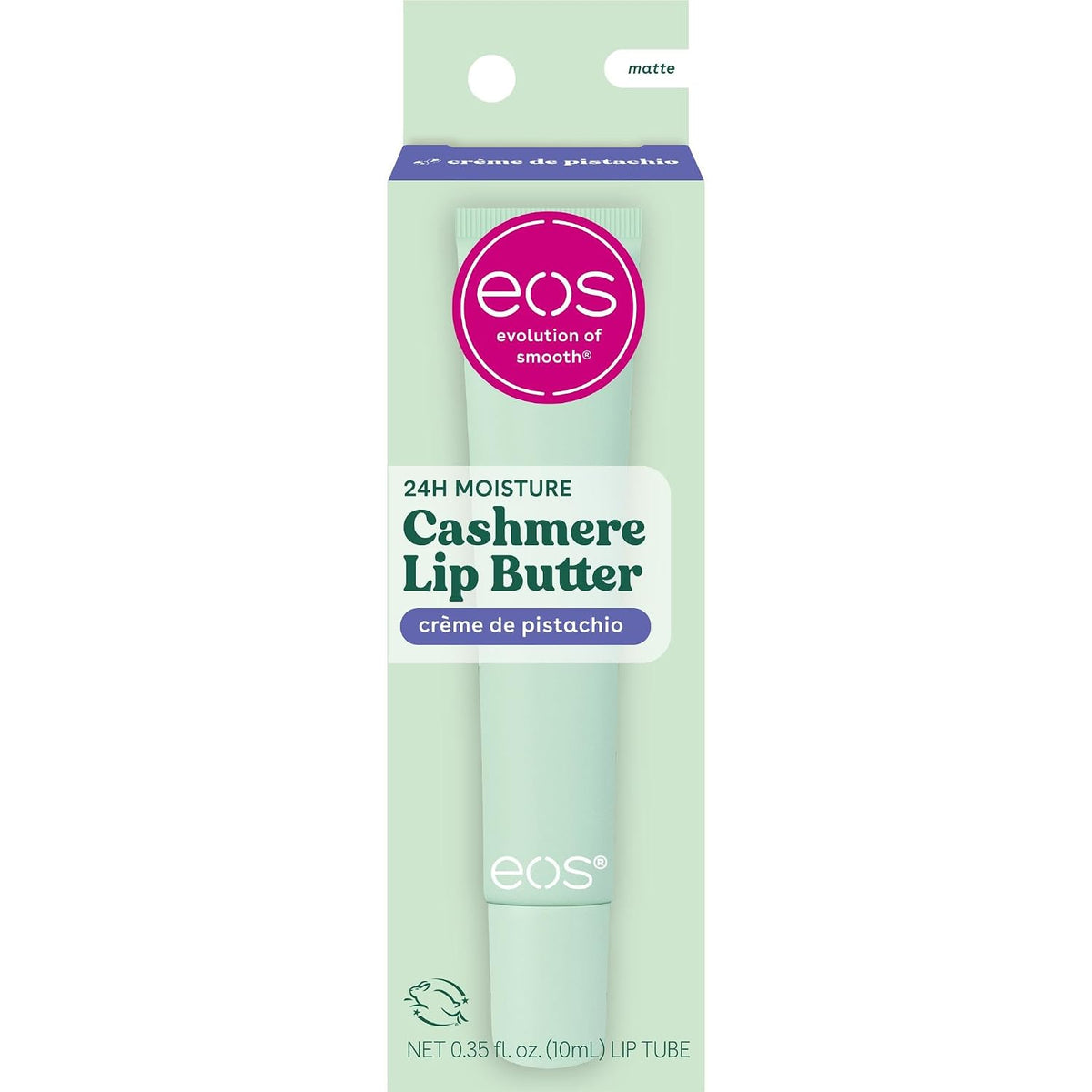 A package of EOS Cashmere Lip Butter in the shade matte, featuring a mint green tube inside a light green cardboard sleeve with a pink circular logo.
