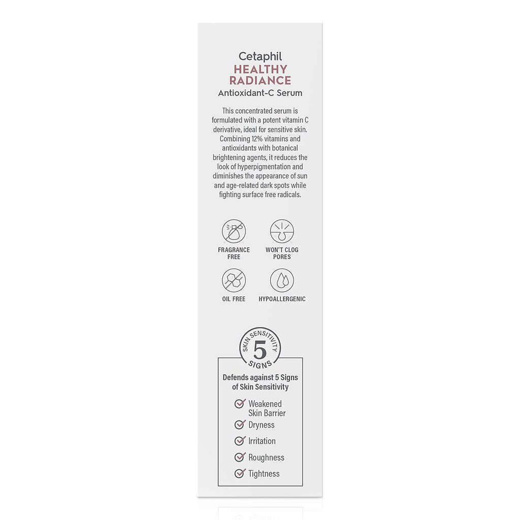 A tall, narrow white product card for Cetaphil Healthy Radiance Antioxidant-C Serum, featuring black descriptive text, small circular icons for key benefits, and a 5-stick applicator box shown at the bottom.