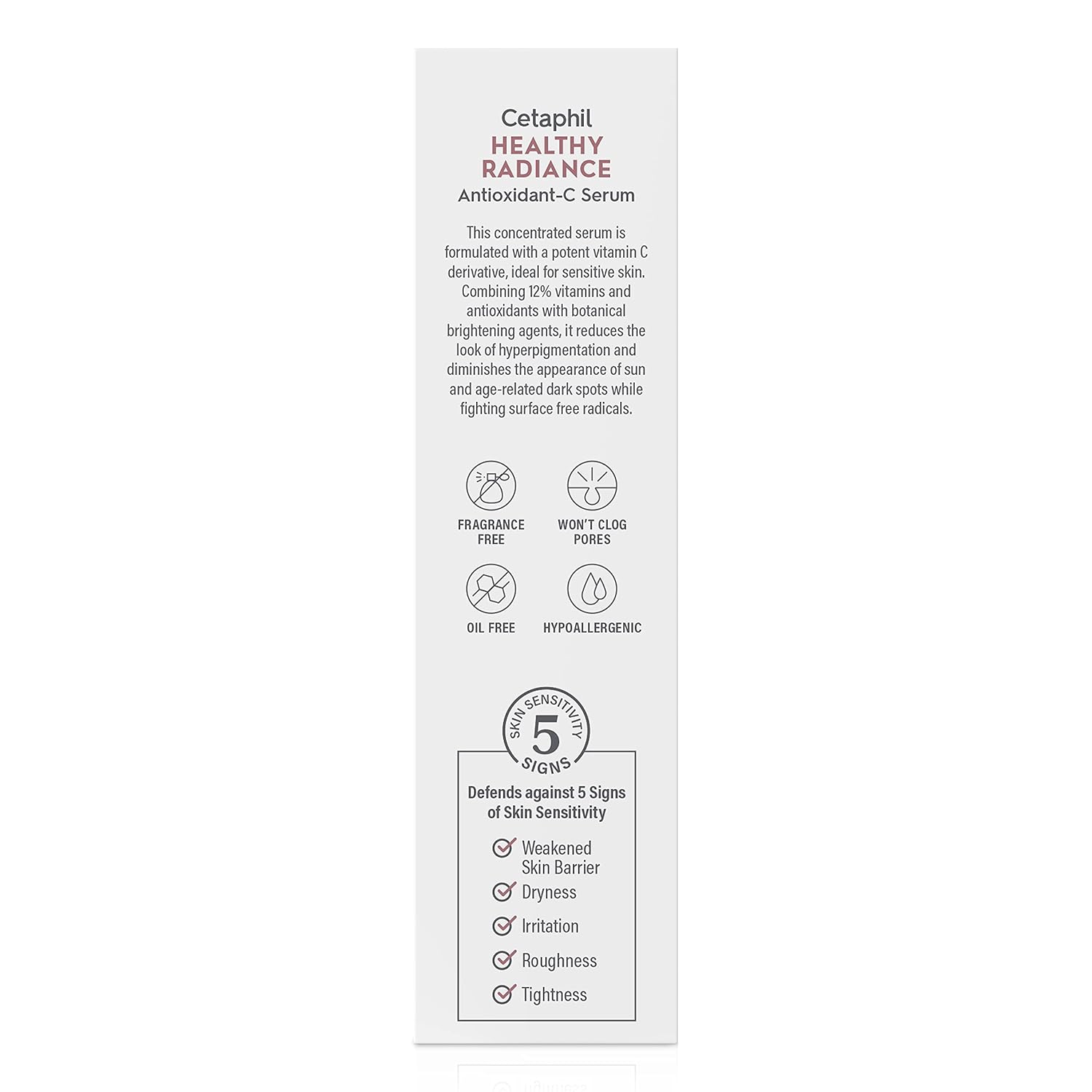 A tall, narrow white product card for Cetaphil Healthy Radiance Antioxidant-C Serum, featuring black descriptive text, small circular icons for key benefits, and a 5-stick applicator box shown at the bottom.