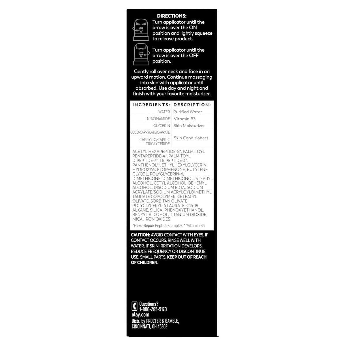 Back label of a skincare product with directions, ingredients, and contact information.