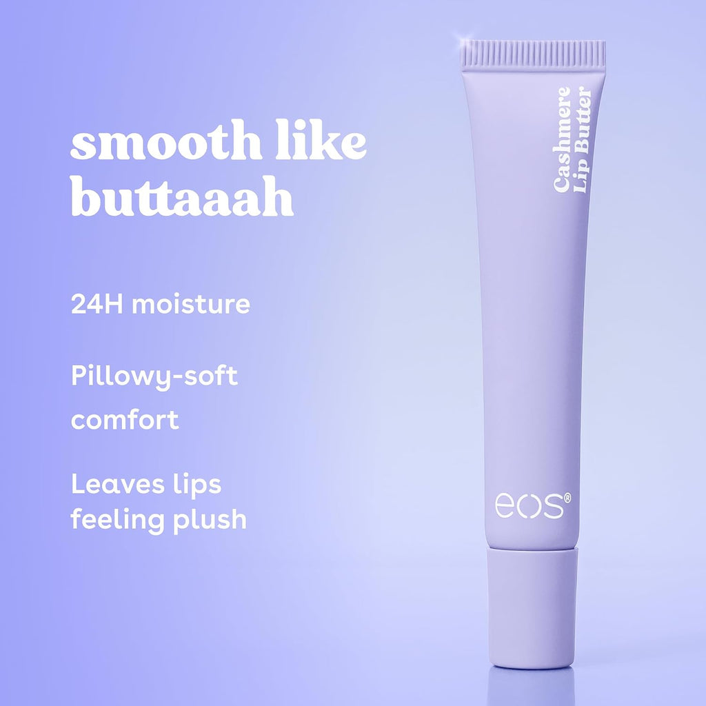 A pale lavender tube of EOS Cashmere Lip Butter stands on a light lavender background with white text describing benefits: 'smooth like buttaah', '24H moisture', 'Pillowy-soft comfort', and 'Leaves lips feeling plush'.
