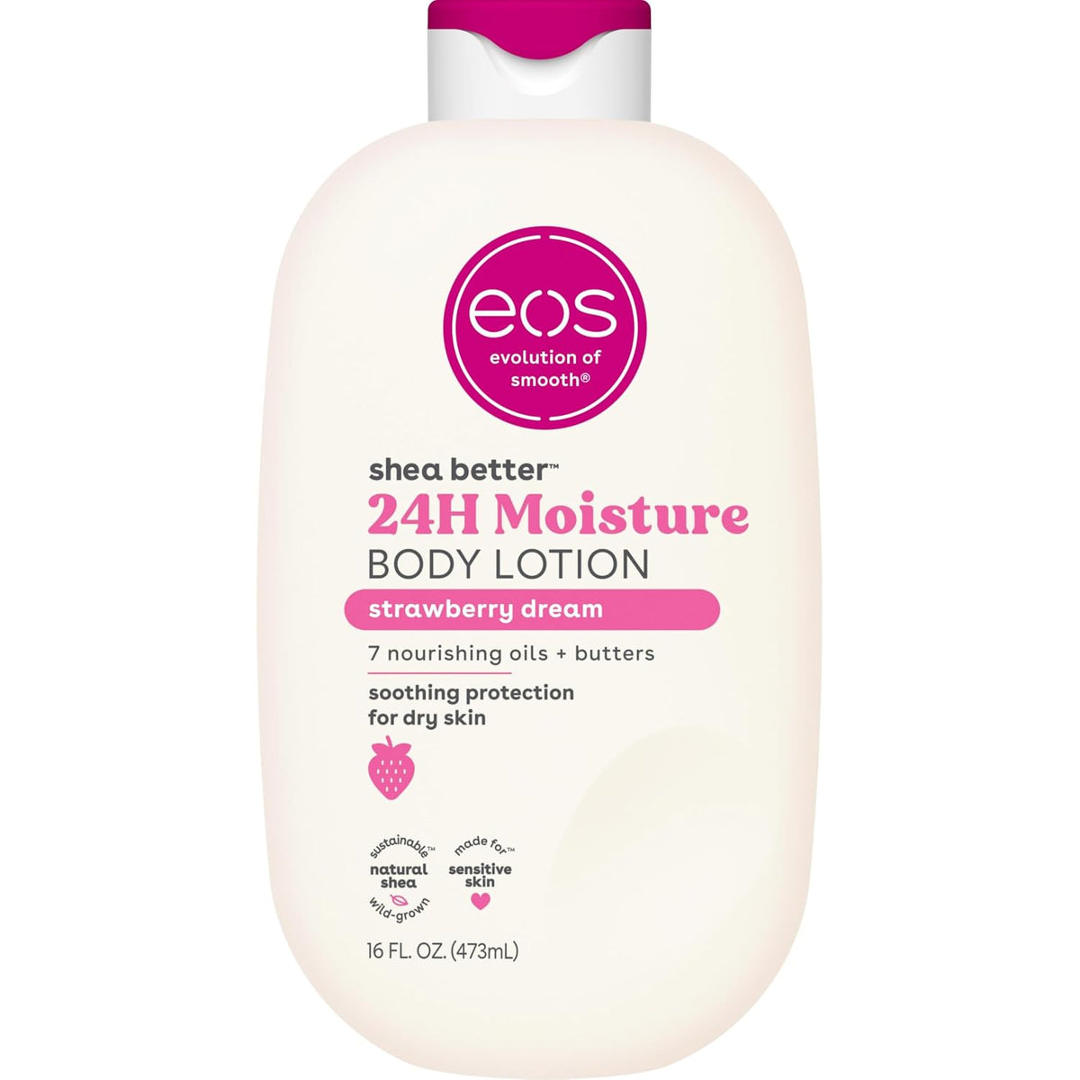 EOS strawberry dream body lotion bottle on a white background