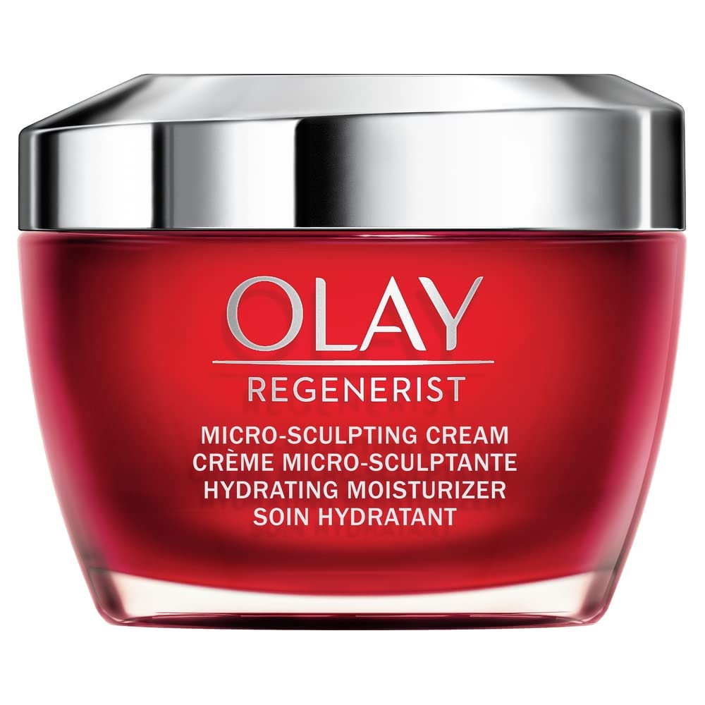 Red jar of Olay Regenerist micro-sculpting cream with silver lid on a white background