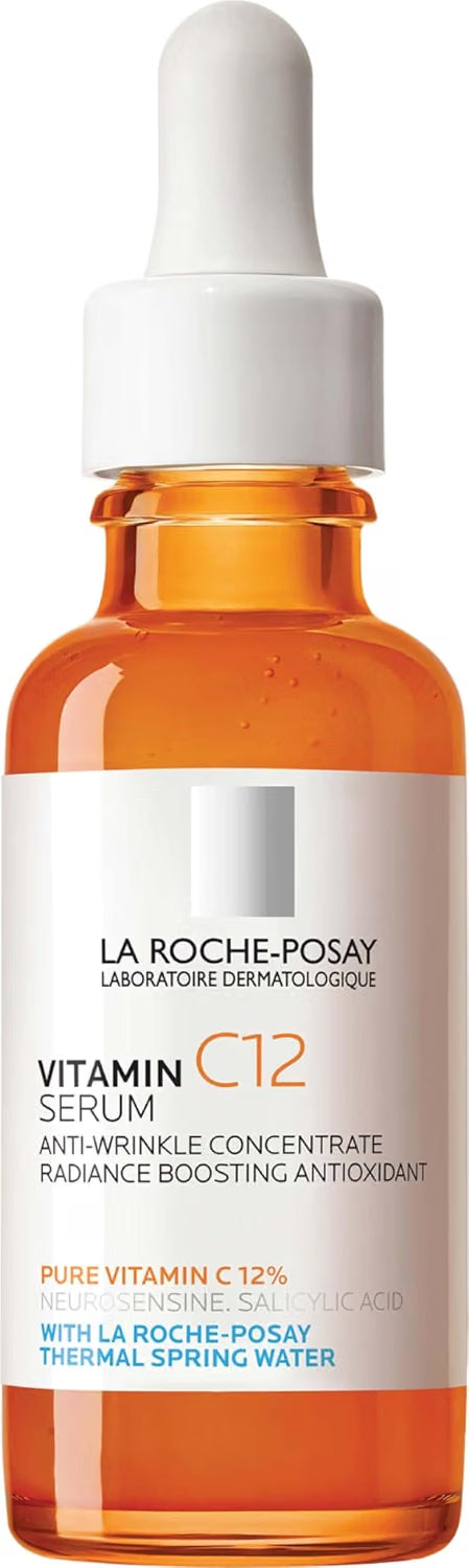 La Roche-Posay Vitamin C12 Serum in an amber glass dropper bottle with a white label and white dropper cap.