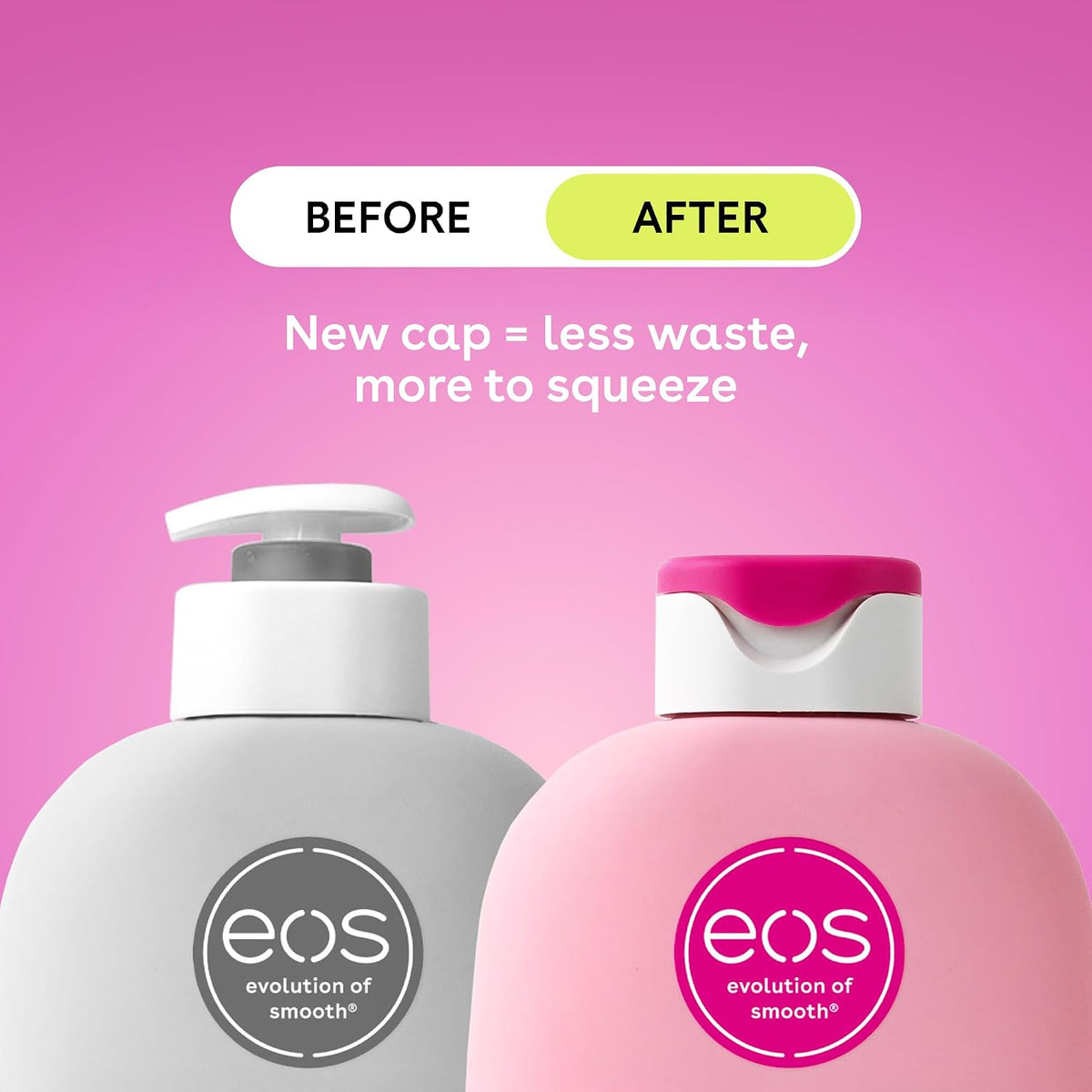 Two EOS lip balm bottles with text about a new cap design on a pink background