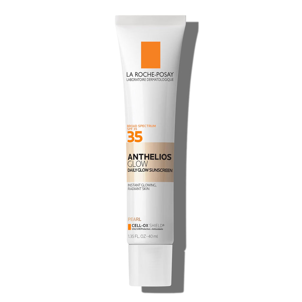 La Roche-Posay Anthelios Glow Daily Glow Sunscreen SPF 35 sunscreen tube in Pearl, featuring a white tube with orange and black text, set against a clean white background with a soft shadow.