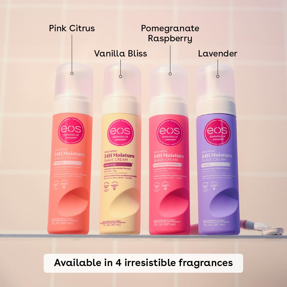 Four EOS lip balm tubes with different scents on a light pink background