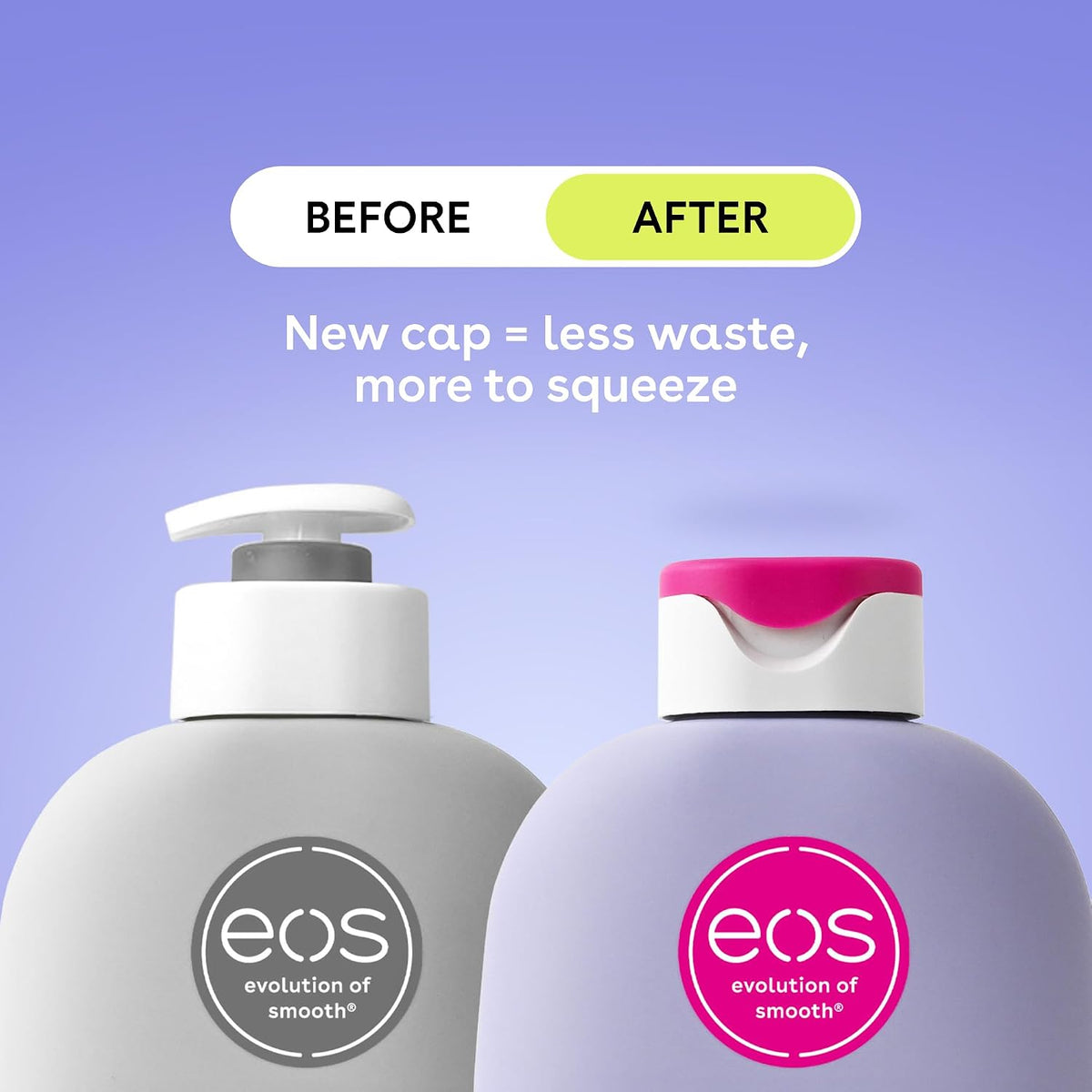 Before and after comparison of EOS lip balm bottles with text on a purple background