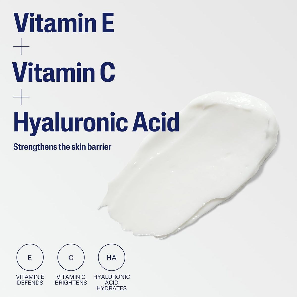 White cream with text about Vitamin E, Vitamin C, and Hyaluronic Acid on a light gray background