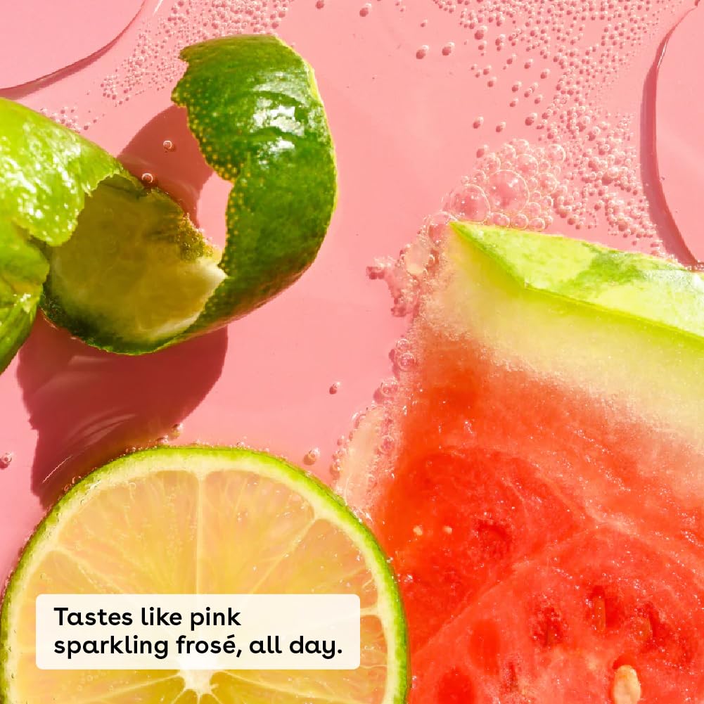 Sliced watermelon and lime on a pink background with text overlay.