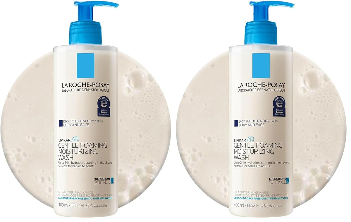 Two bottles of La Roche-Posay Gentle Foaming Moisturizing Wash on a white background