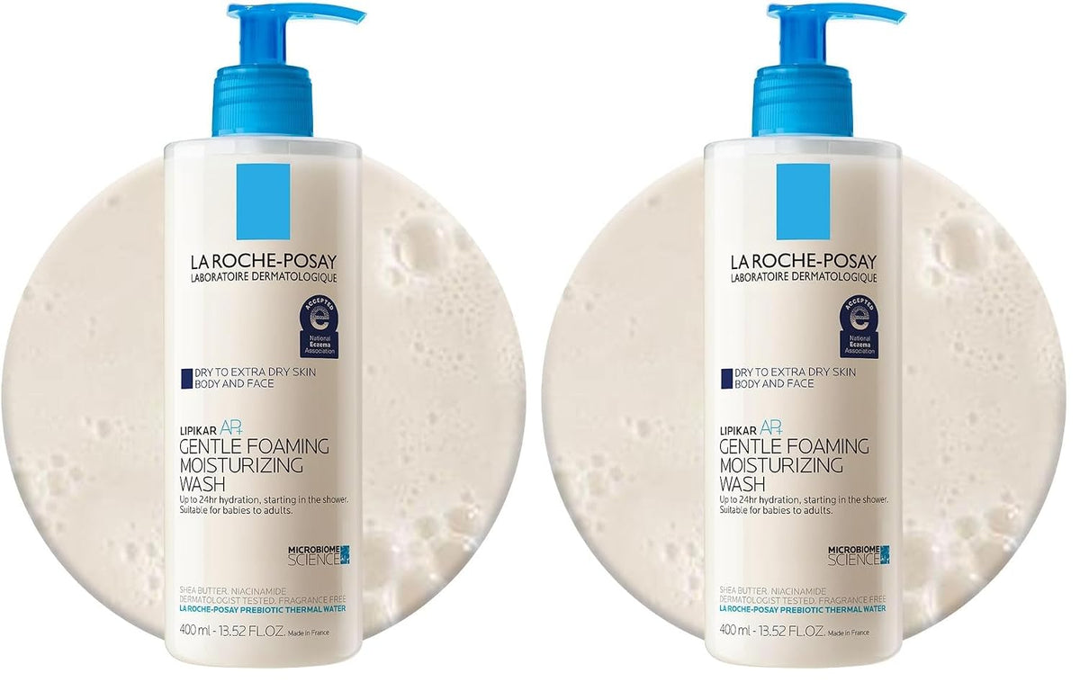 Two bottles of La Roche-Posay Lipikar Air Gentle Foaming Moisturizing Wash with blue pumps, shown side by side against a white background with circular foam textures behind each bottle.