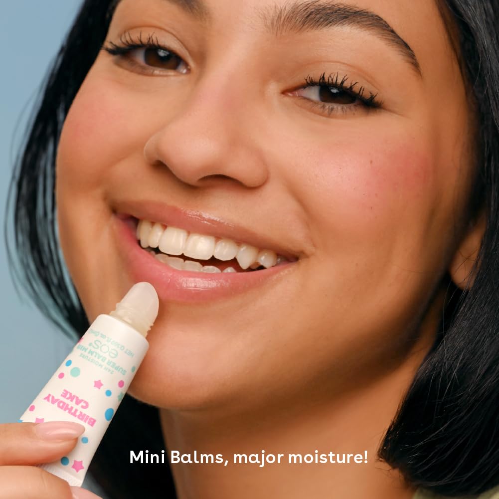 Woman applying lip balm with text 'Mini Balms, major moisture!' on a light blue background