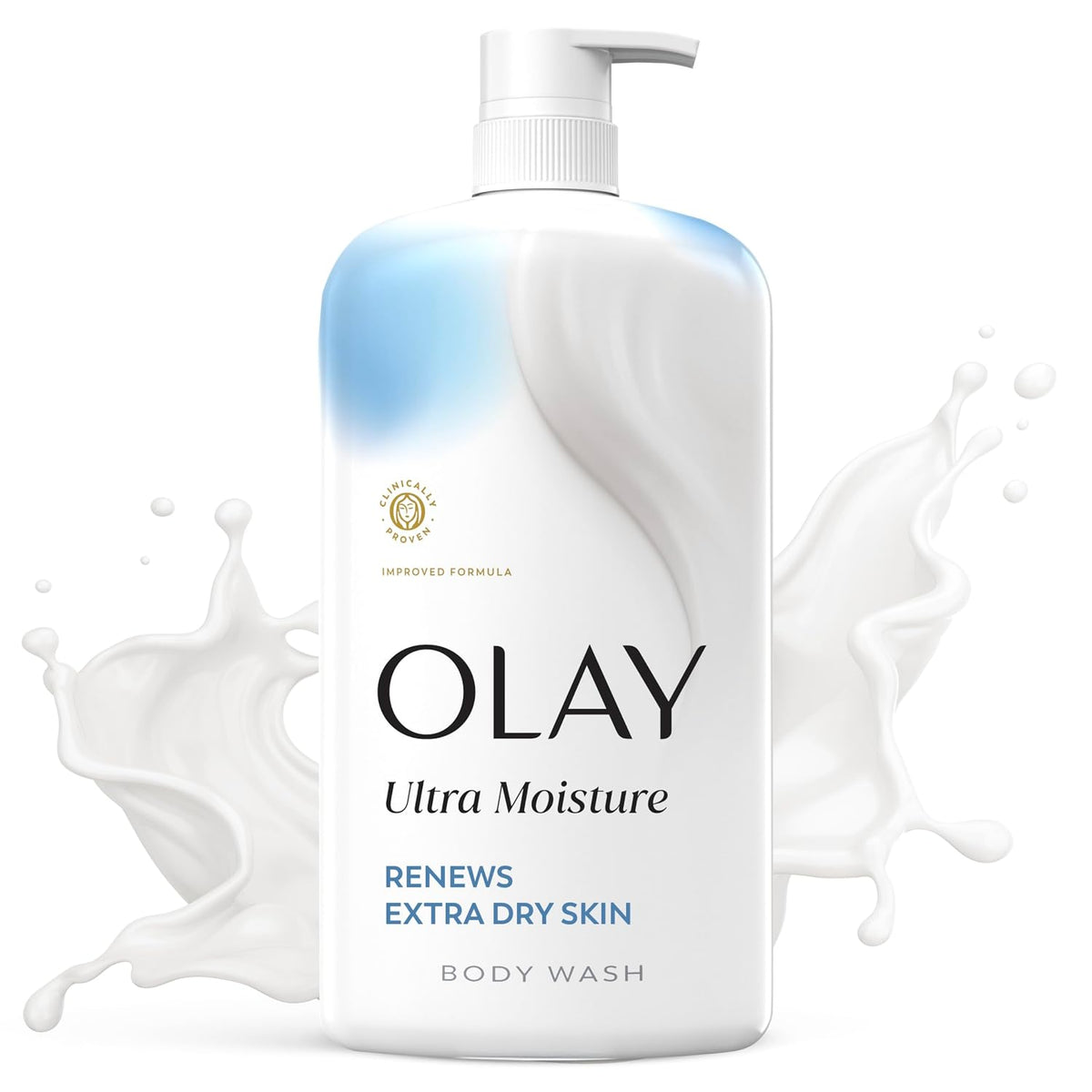 A bottle of Olay Ultra Moisture Renew Extra Dry Skin Body Wash, featuring a white pump dispenser and a white bottle with blue and white liquid splash graphics on a white background.