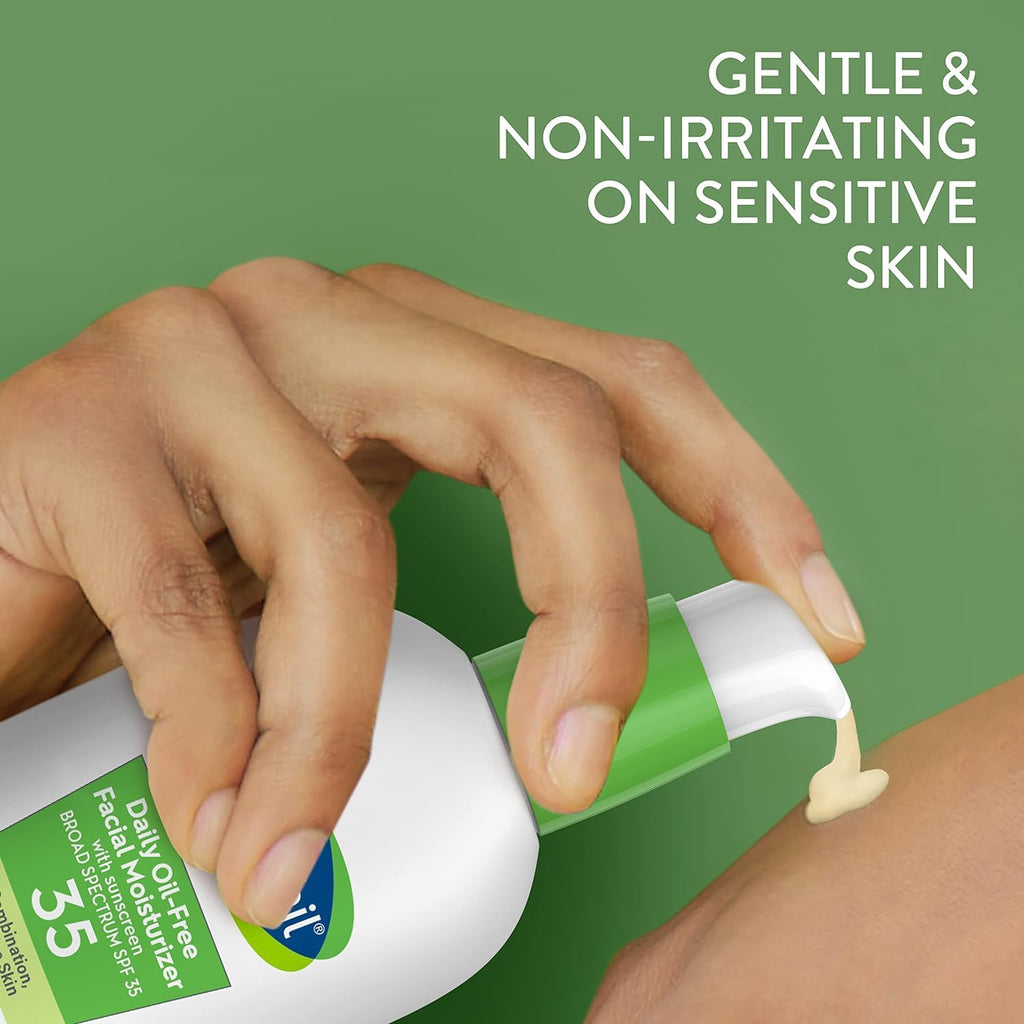 Hand applying a bottle of daily moisturizer to skin with text 'Gentle & Non-Irritating on Sensitive Skin' on a green background.
