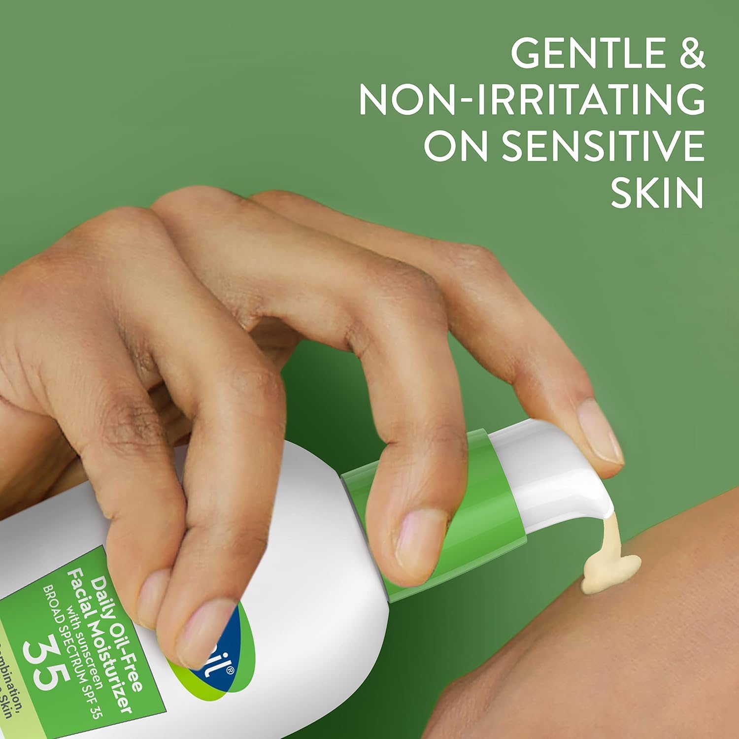 Hand applying a bottle of daily moisturizer to skin with text 'Gentle & Non-Irritating on Sensitive Skin' on a green background.