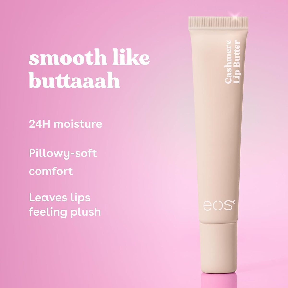 A beige squeeze tube of EOS Cashmere Lip Butter stands on a pink gradient background with white promotional text describing moisturizing benefits.