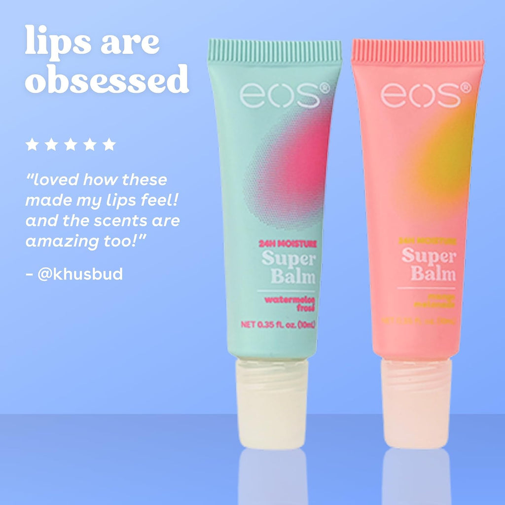 Two EOS Super Balm tubes standing upright on a light blue background, one mint green with pink gradient and one coral pink with orange gradient. White text on the left reads 'lips are obsessed' with a customer review quote below.