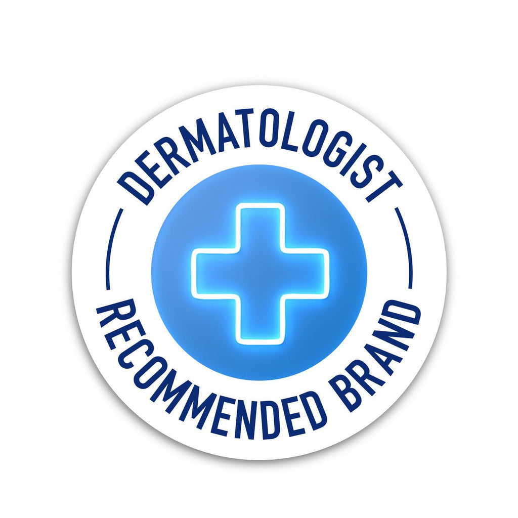 Dermatologist recommended brand logo with a blue cross on a white background