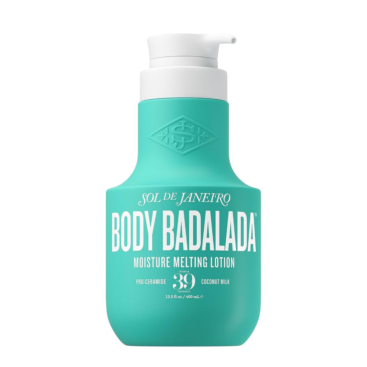 Teal lotion bottle with white pump labeled 'BODY BADALADA' on a white background