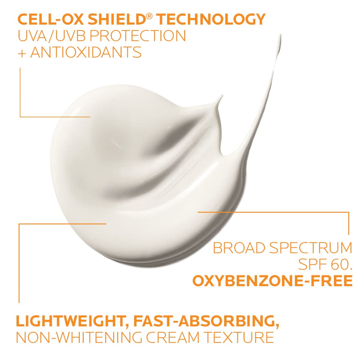 White cream texture with text highlighting Cell-Ox Shield Technology, UVA/UVB protection, antioxidants, broad spectrum SPF 60, oxybenzone-free, lightweight, fast-absorbing, non-whitening cream texture.