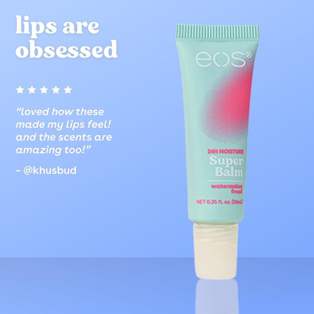 A tube of EOS Super Balm lip moisturizer on a light blue background with promotional text on the left. The tube is mint green with a pink gradient and a white cap.