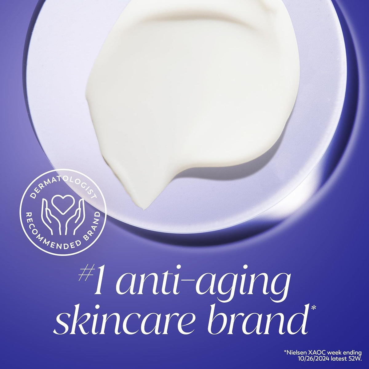 Anti-aging skincare product with a dermatologist recommended brand badge on a purple background