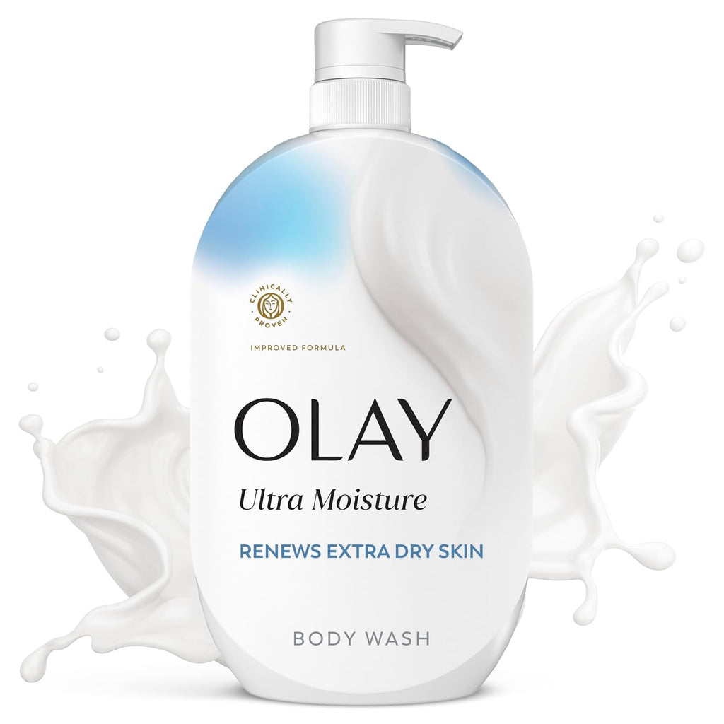 A bottle of Olay Ultra Moisture Body Wash with a white pump dispenser, set against a white background with stylized white liquid splash graphics on both sides.