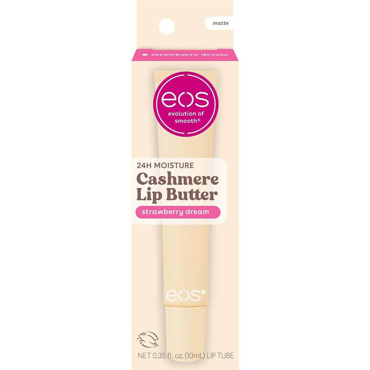 A package of EOS Cashmere Lip Butter in the shade Strawberry Dream, featuring a light beige lip tube inside a cream-colored cardboard sleeve with pink and white accents.