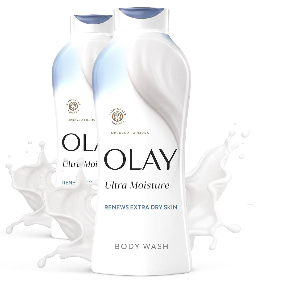 Two bottles of Olay Ultra Moisture Body Wash with a white liquid splash graphic on a white background.