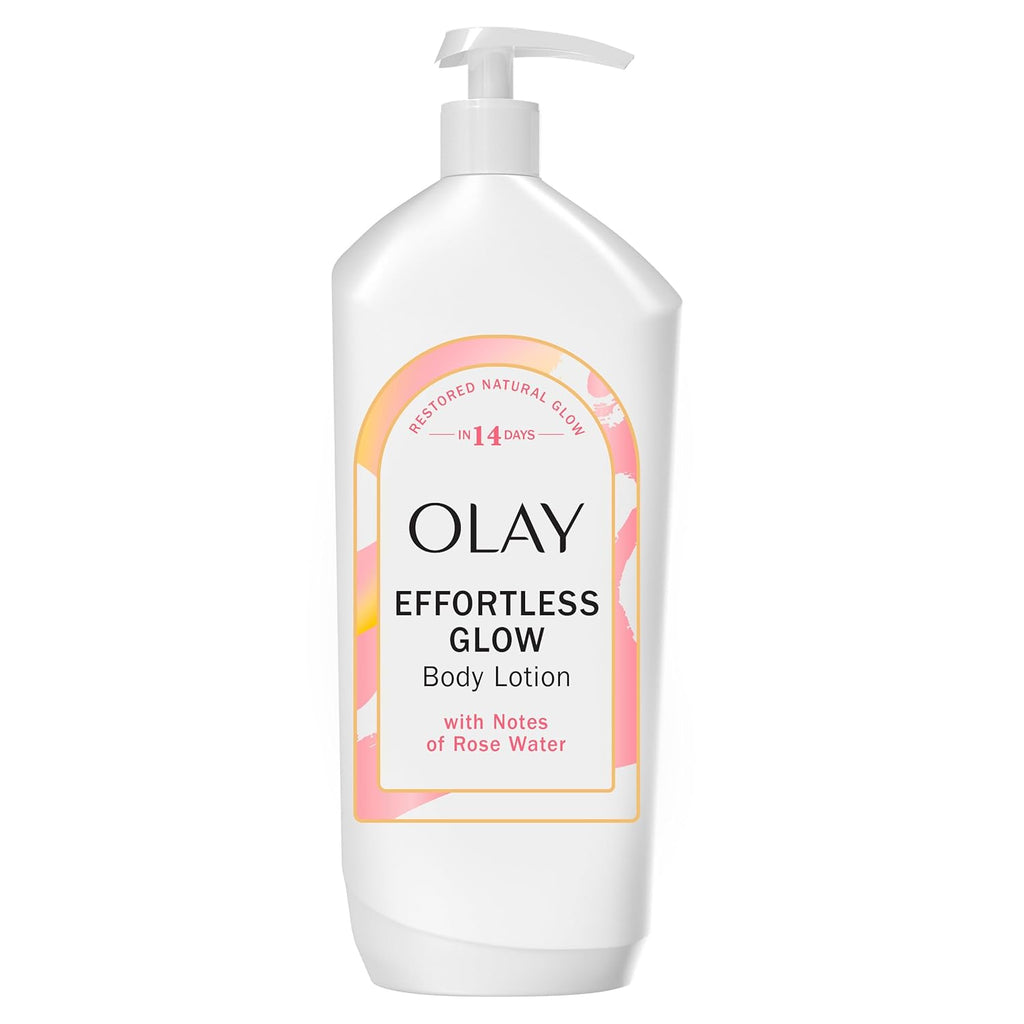 Olay Effortless Glow body lotion bottle on a white background