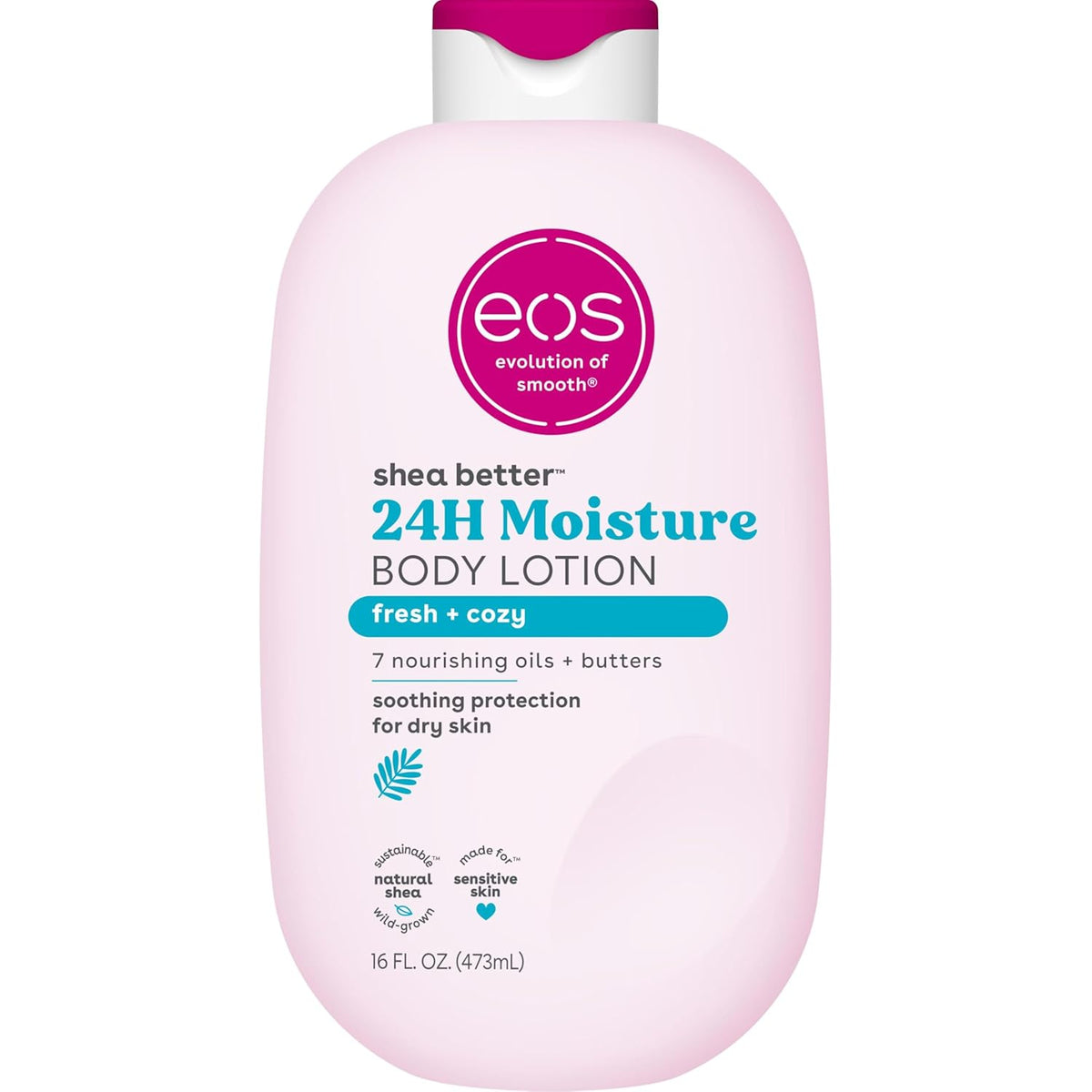 Pink bottle of eos shea butter 24H moisture body lotion on a white background