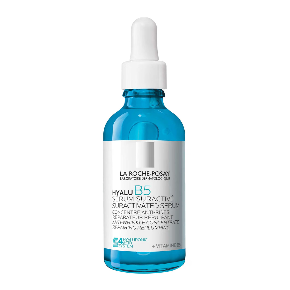 La Roche-Posay Hyalu B5 Serum Suractive Suractivated Serum in a blue glass dropper bottle with a white cap and label, on a white background.