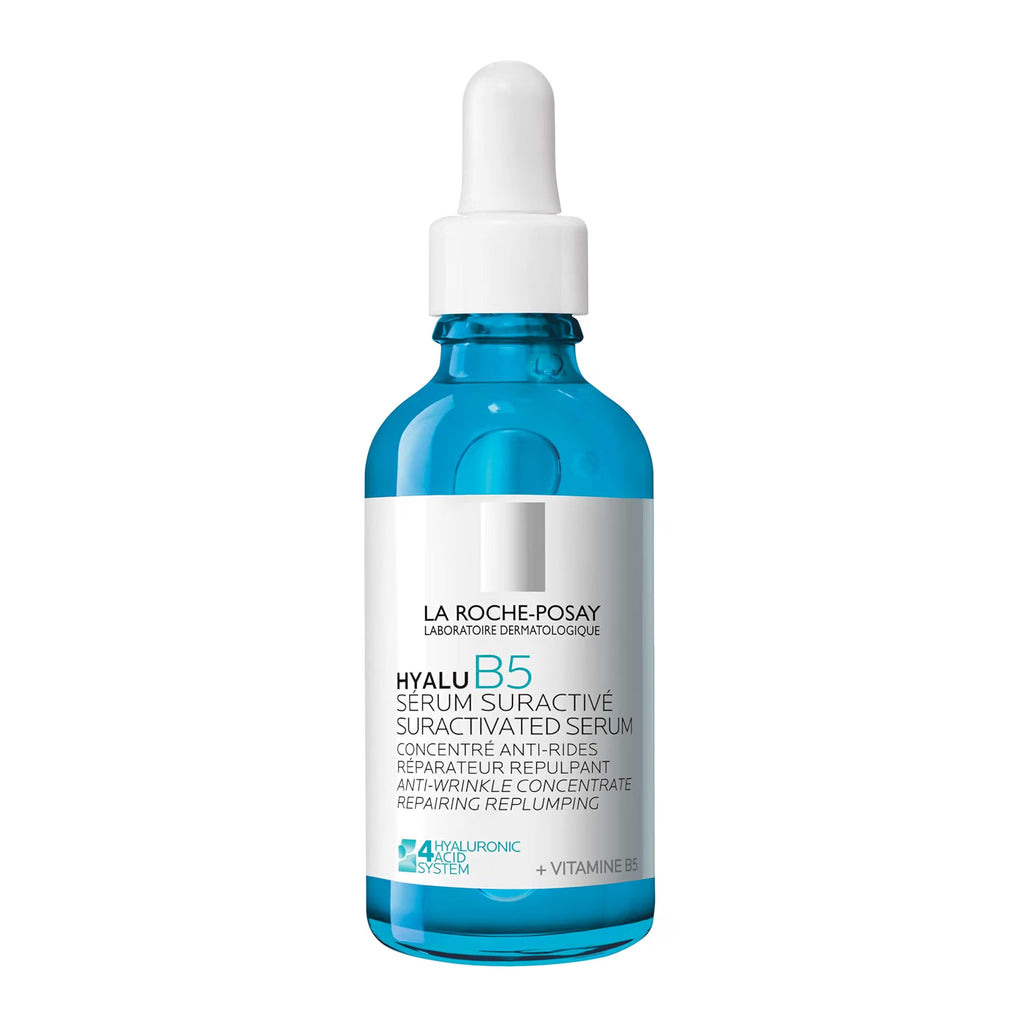 La Roche-Posay Hyalu B5 Serum Suractive Suractivated Serum in a blue glass dropper bottle with a white cap and label, on a white background.