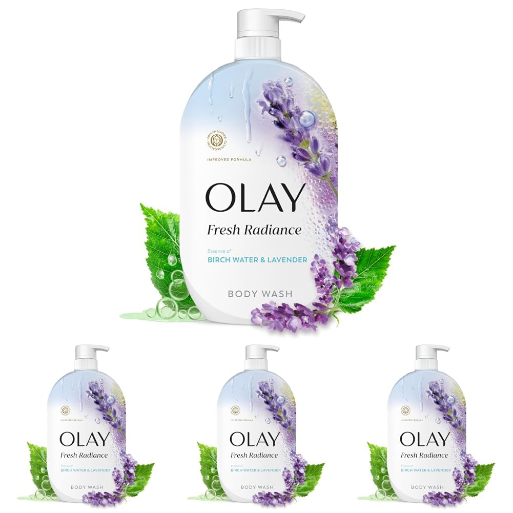 Five Olay Fresh Radiance body wash bottles arranged on a white background, with one large bottle centered at the top and four smaller identical bottles along the bottom. The bottles are white with lavender floral graphics and green leaves, and the text reads Olay, Fresh Radiance, and Body Wash.