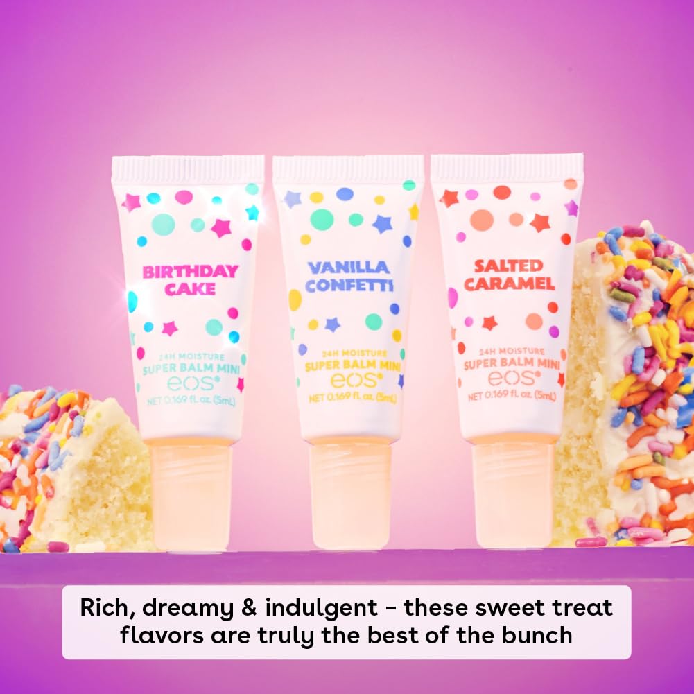 Three EOS lip balm tubes with colorful labels on a pink background with donut decorations.