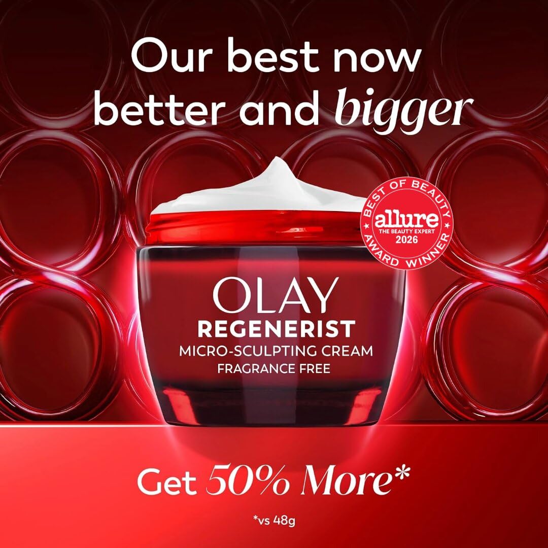 Olay Regenerist Micro-Sculpting Cream jar in red packaging with white cream visible at the top, set against a dark red background with circular highlights. Large promotional text reads 'Our best now better and bigger' and 'Get 50% More*', with an Allure Best of Beauty award badge on the right.