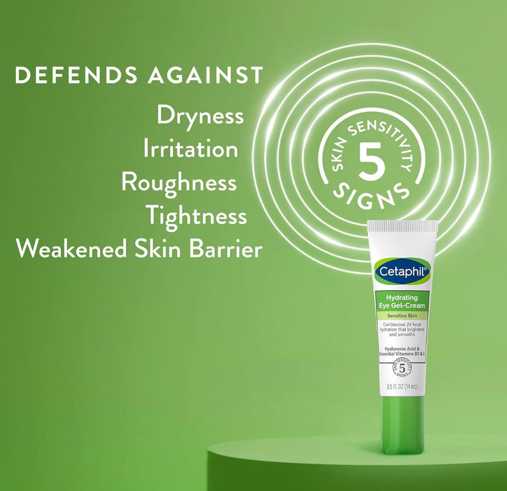 Cetaphil eye gel-cream tube on a green background with text about skin care benefits.