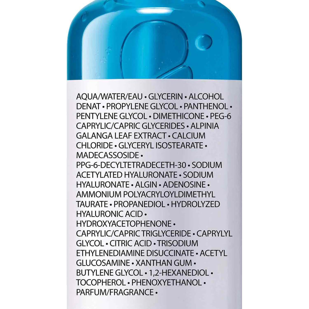 Close-up of the back of a blue plastic bottle with a white label containing a dense list of ingredients in black text, on a white background.