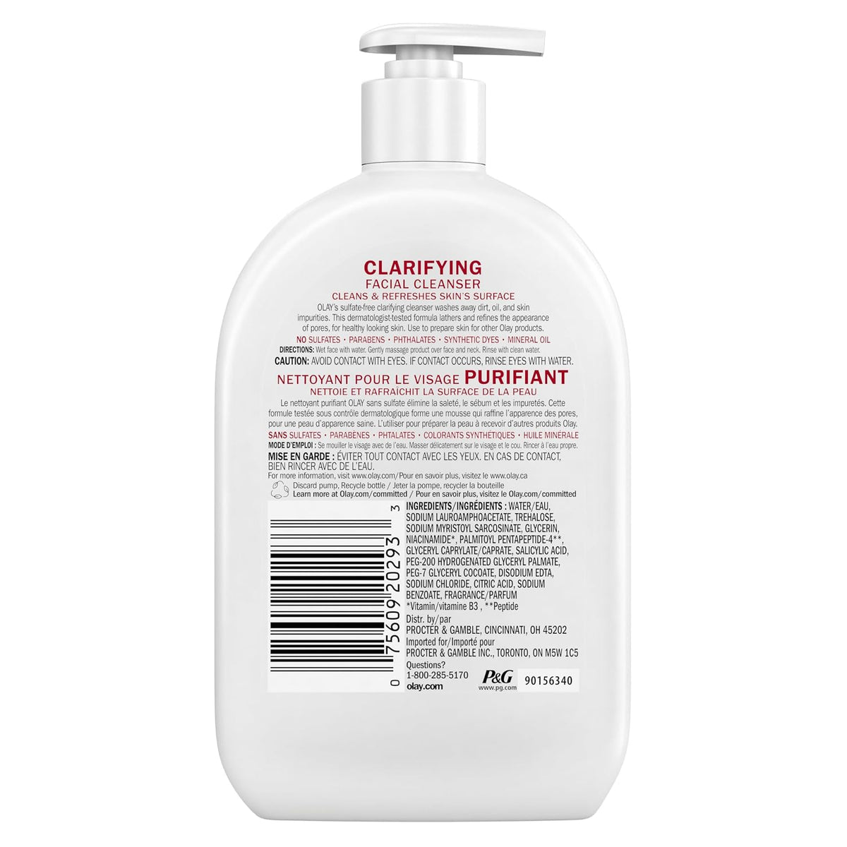 Olay | Clarifying Gel Face Wash Niacinamide Peptides Glycerin Pore Refining Sulfate Free Unscented — 16 fl oz