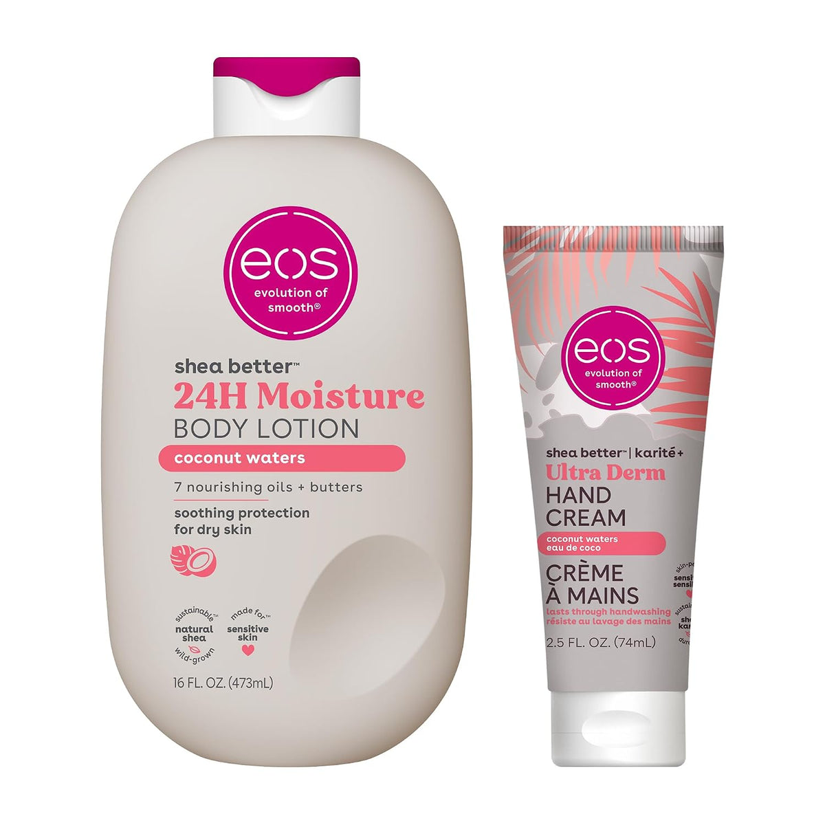 A 16 fl oz bottle of EOS Shea Better 24H Moisture Body Lotion in coconut waters, shown next to a 2.5 fl oz squeeze tube of EOS Ultra Derm Hand Cream on a plain white background.