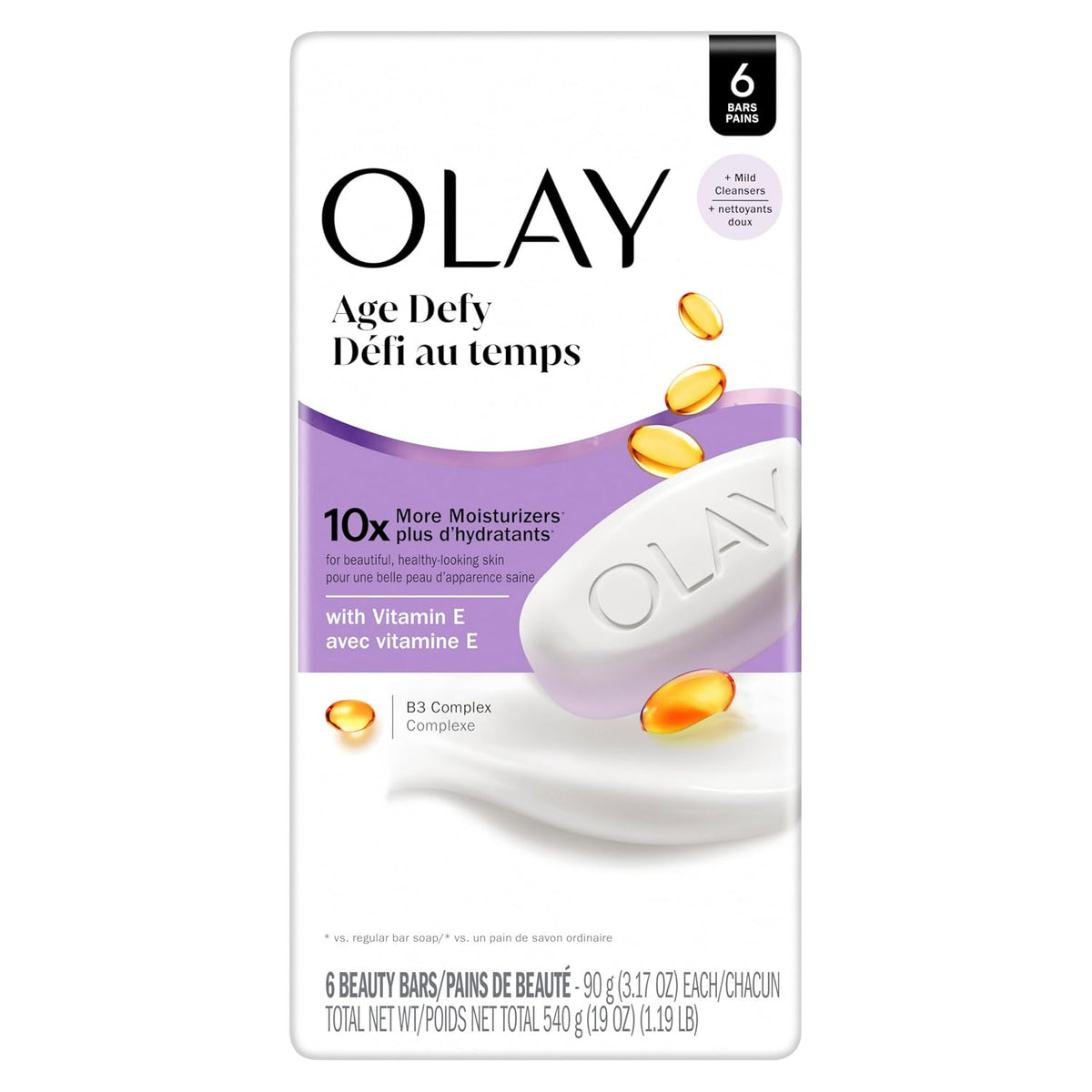 Olay Age Defy Moisturizer Bar box, shade Milk + Vitamin E, featuring a white and purple design with an illustration of a moisturizer bar and gold oil droplets.