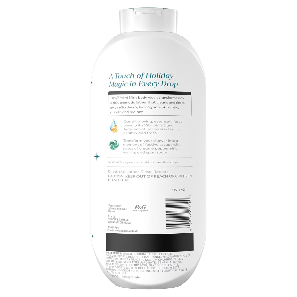 The back of a white plastic bottle of P&G A Touch of Holiday Magic in Every Drop shower foam, showing product details, ingredients, and a barcode.