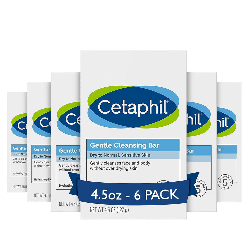Six boxes of Cetaphil Gentle Cleansing Bar arranged in a fan layout on a white background, with a blue banner across the front reading '4.5oz - 6 PACK'.