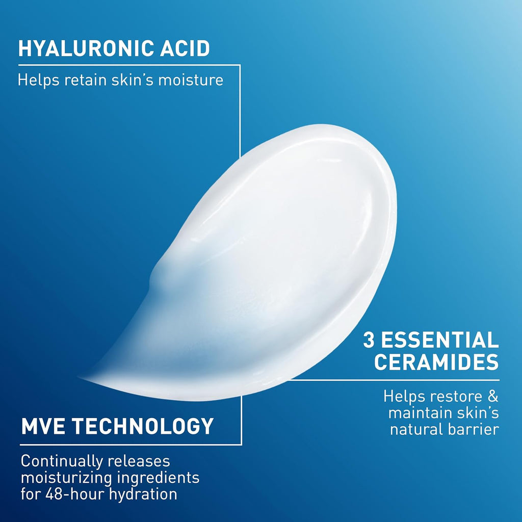 Skincare product with text highlighting hyaluronic acid, ceramides, and MVE technology on a blue background