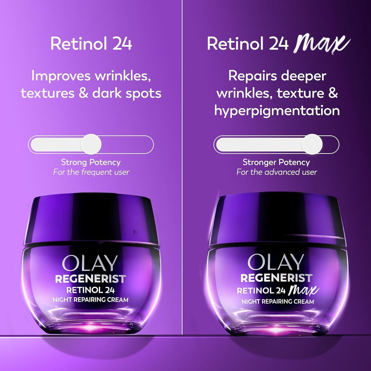 Olay Regenerist Retinol 24 and Retinol 24 Max night repairing cream jars on a purple background