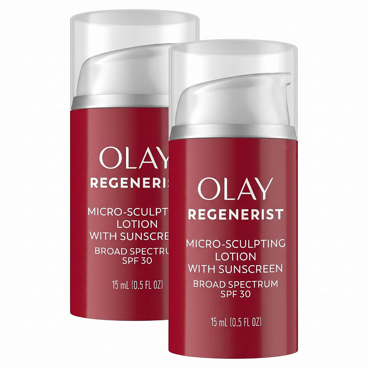 Two Olay Regenerist Micro-Sculpting Lotion with Sunscreen SPF 30 bottles in a clean studio shot. The bottles are deep red with white text and a silver pump dispenser under a clear cap, set against a plain white background.