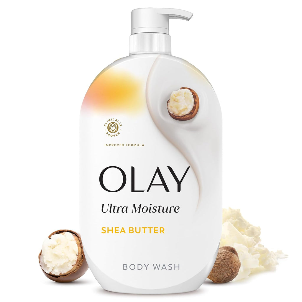 A bottle of Olay Ultra Moisture Shea Butter body wash with a pump dispenser, shown on a white background with shea nut and shea butter props.