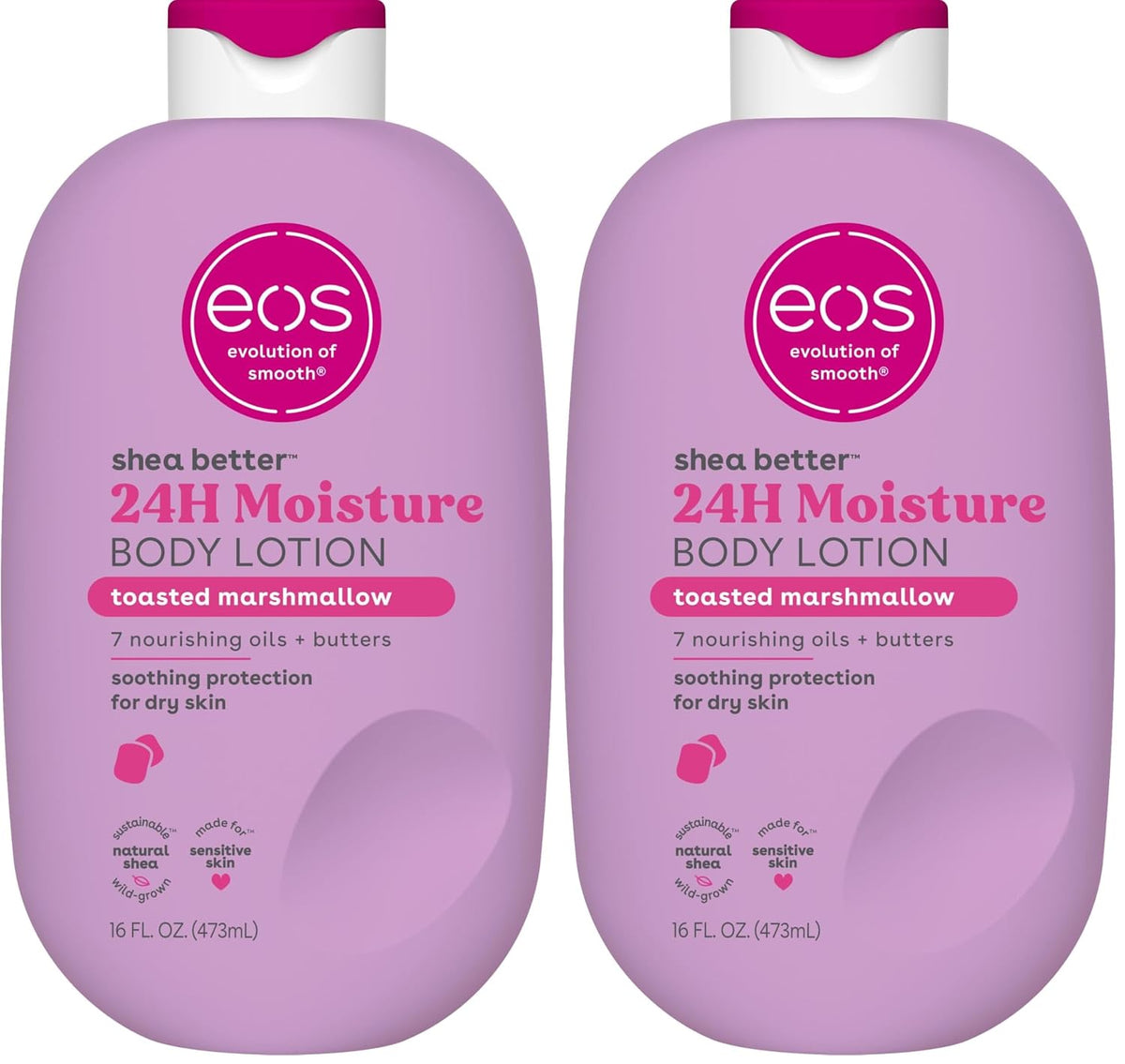 Two bottles of EOS Shea Better 24H Moisture Body Lotion in toasted marshmallow scent, shown side by side on a plain white background.