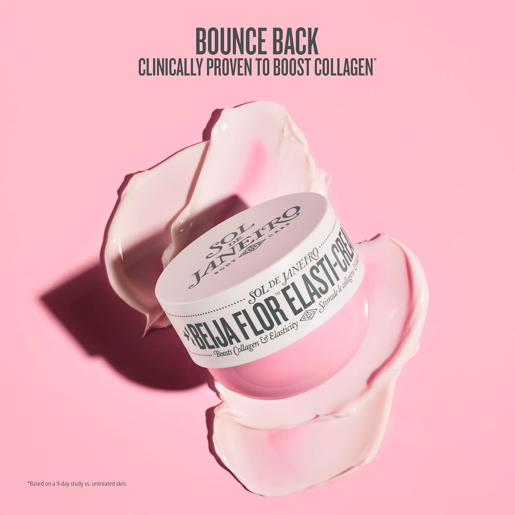 Cosmetic jar with a pink lid on a pink background, featuring Sol de Janeiro branding.